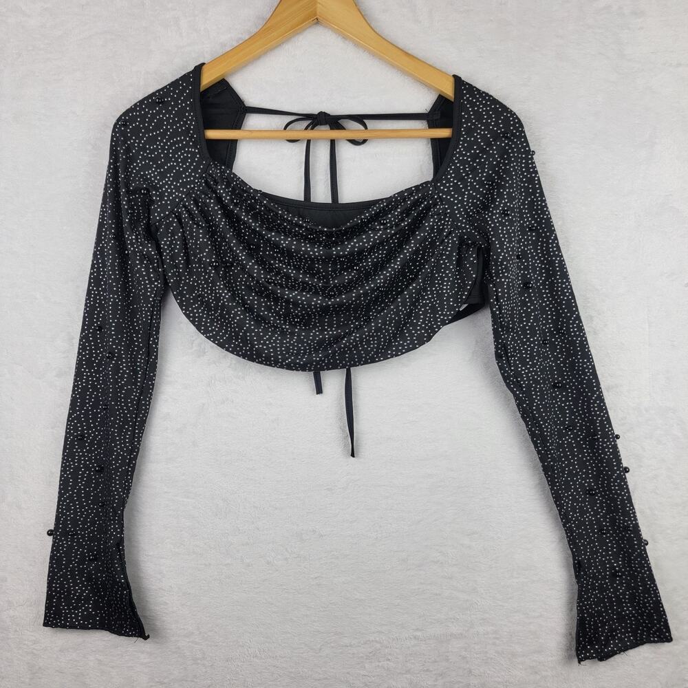 Y2K Retro Crop Tank Top Sz L Black Embellished Long Sleeve Stretch Rock Grunge